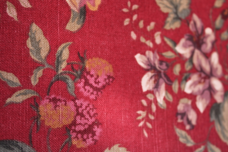 photo of 4+ yards linen weave cotton decor fabric, 90s vintage floral on red Ralph Lauren style  #5