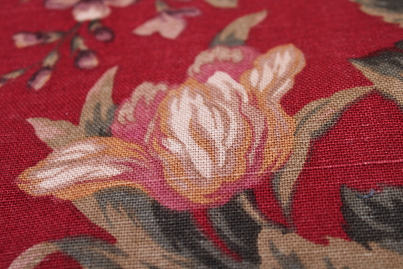 photo of 4+ yards linen weave cotton decor fabric, 90s vintage floral on red Ralph Lauren style  #6