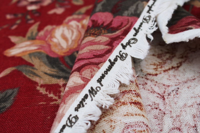 photo of 4+ yards linen weave cotton decor fabric, 90s vintage floral on red Ralph Lauren style  #7