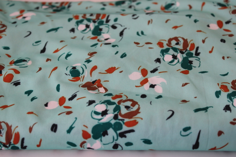 photo of 4 plus yards poly tricot knit fabric, 70s vintage dress material mint green w/ abstract flowery print #1