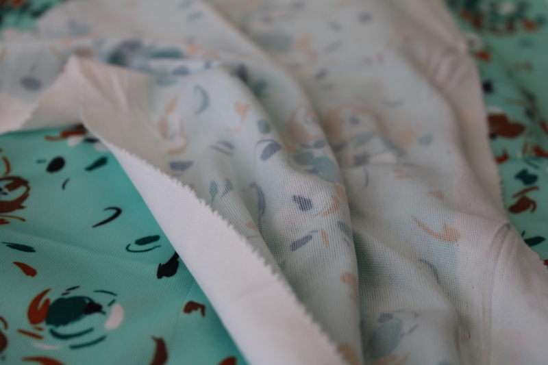 photo of 4 plus yards poly tricot knit fabric, 70s vintage dress material mint green w/ abstract flowery print #3