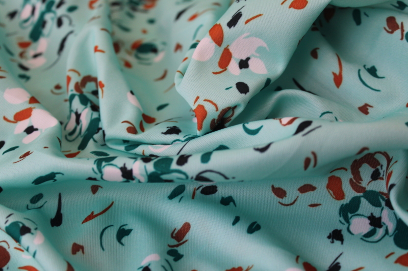 photo of 4 plus yards poly tricot knit fabric, 70s vintage dress material mint green w/ abstract flowery print #4