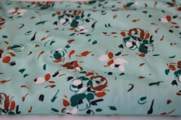 4 plus yards poly tricot knit fabric, 70s vintage dress material mint green w/ abstract flowery print