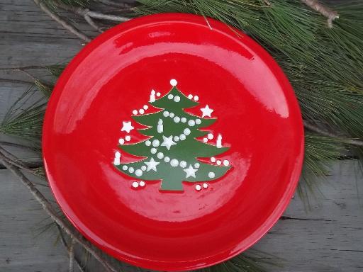 photo of 4 red and green Christmas Tree dinner plates, Waechtersbach pottery #2