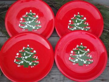 catalog photo of 4 red and green Christmas Tree dinner plates, Waechtersbach pottery