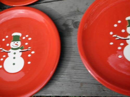 photo of 4 snowman dinner plates, red and green Waechtersbach pottery #2