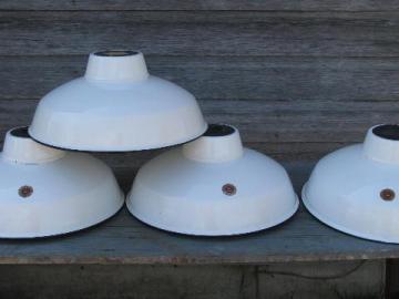 catalog photo of 4 vintage Appleton industrial white enamel barn or shop light shades w/black rims