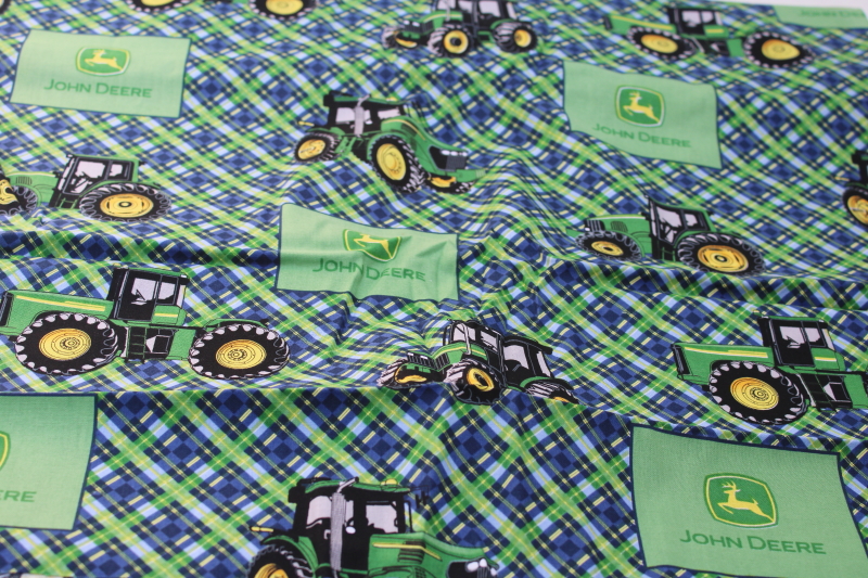 photo of 4 yards John Deere tractors green blue plaid print fabric, quilting weight cotton #1