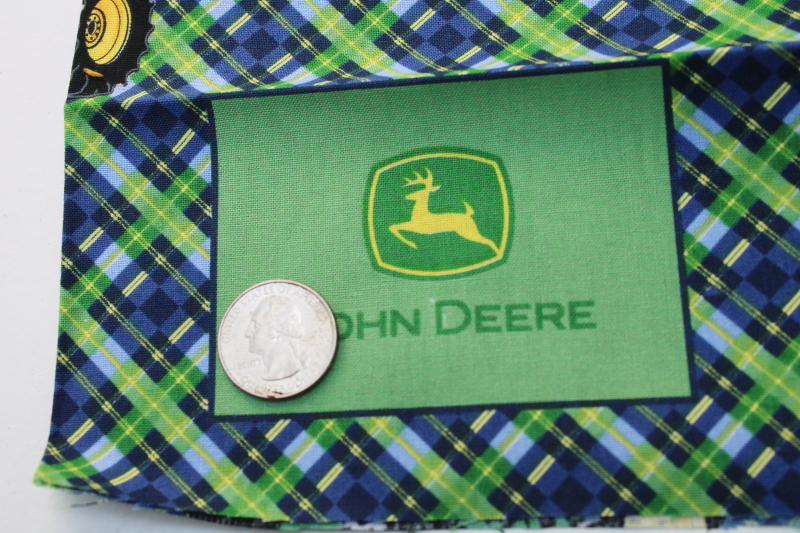 photo of 4 yards John Deere tractors green blue plaid print fabric, quilting weight cotton #3