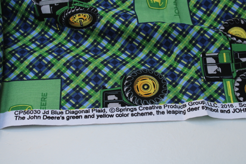 photo of 4 yards John Deere tractors green blue plaid print fabric, quilting weight cotton #5