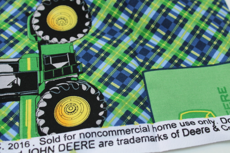 photo of 4 yards John Deere tractors green blue plaid print fabric, quilting weight cotton #6