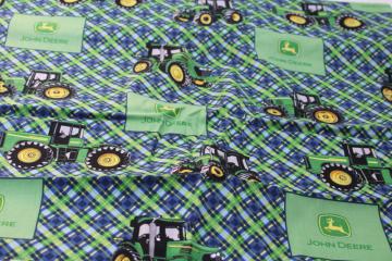 4 yards John Deere tractors green blue plaid print fabric, quilting weight cotton