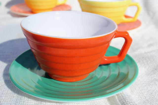 photo of 40s 50s Moderntone milk glass dishes, vintage cups & saucers in jade green, orange, yellow #3