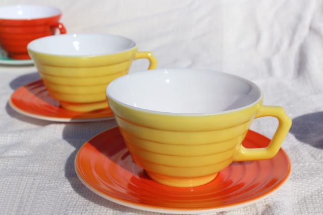 photo of 40s 50s Moderntone milk glass dishes, vintage cups & saucers in jade green, orange, yellow #4