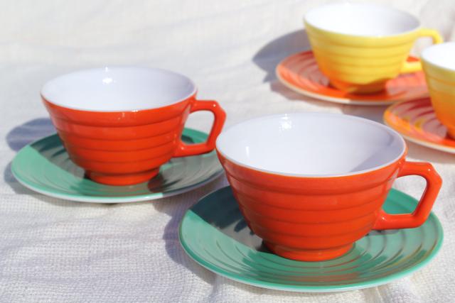photo of 40s 50s Moderntone milk glass dishes, vintage cups & saucers in jade green, orange, yellow #5
