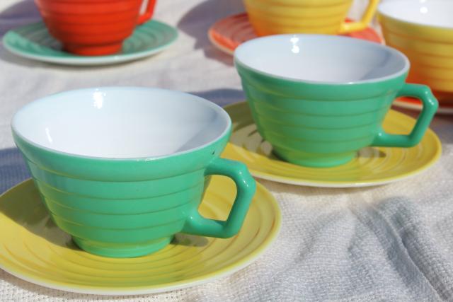 photo of 40s 50s Moderntone milk glass dishes, vintage cups & saucers in jade green, orange, yellow #6