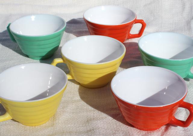 photo of 40s 50s Moderntone milk glass dishes, vintage cups & saucers in jade green, orange, yellow #10
