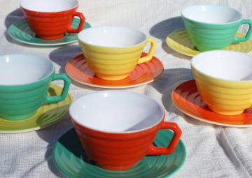 catalog photo of 40s 50s Moderntone milk glass dishes, vintage cups & saucers in jade green, orange, yellow