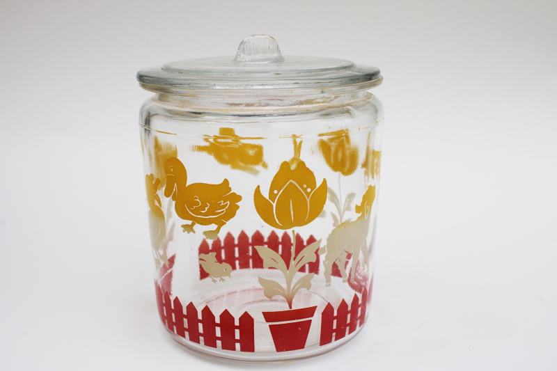 photo of 40s 50s vintage Anchor Hocking glass jar storage canister, baby animals print #1