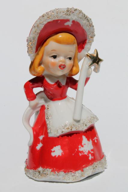 photo of 40s 50s vintage Christmas bell china figurine, girl w/ spaghetti fur trimmed red hood #1