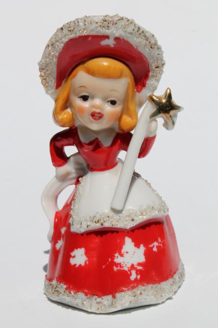 photo of 40s 50s vintage Christmas bell china figurine, girl w/ spaghetti fur trimmed red hood #2