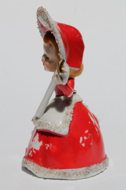 photo of 40s 50s vintage Christmas bell china figurine, girl w/ spaghetti fur trimmed red hood #3