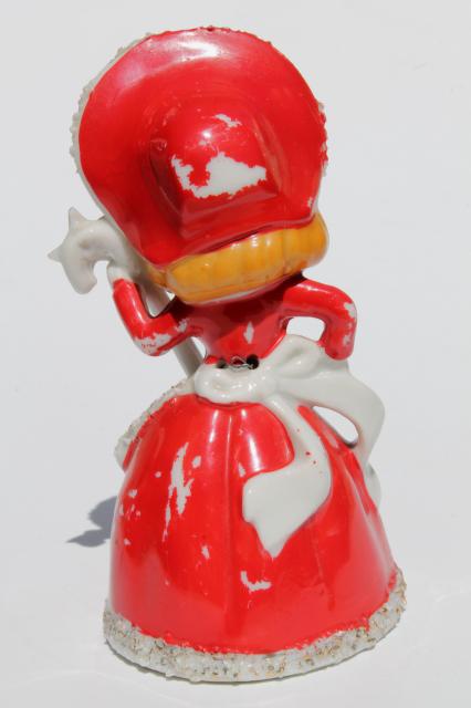 photo of 40s 50s vintage Christmas bell china figurine, girl w/ spaghetti fur trimmed red hood #4