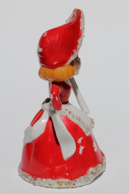 photo of 40s 50s vintage Christmas bell china figurine, girl w/ spaghetti fur trimmed red hood #5