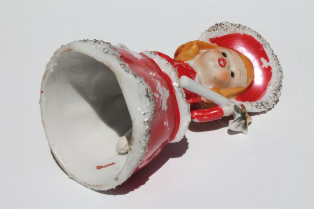 photo of 40s 50s vintage Christmas bell china figurine, girl w/ spaghetti fur trimmed red hood #6