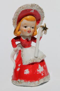 catalog photo of 40s 50s vintage Christmas bell china figurine, girl w/ spaghetti fur trimmed red hood