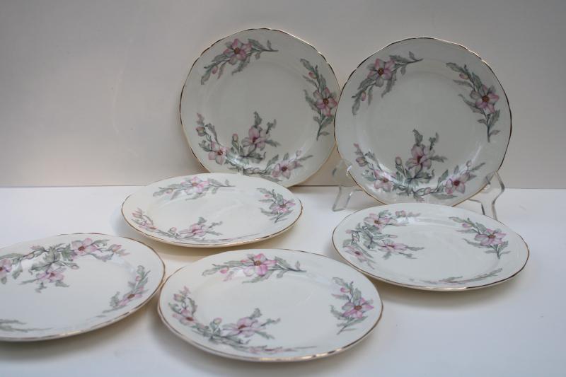 photo of 40s 50s vintage Crown Potteries plates, pink grey floral southern charm magnolias or dogwood #1