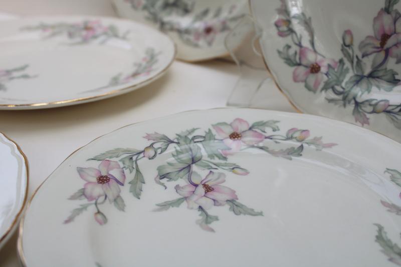 photo of 40s 50s vintage Crown Potteries plates, pink grey floral southern charm magnolias or dogwood #2