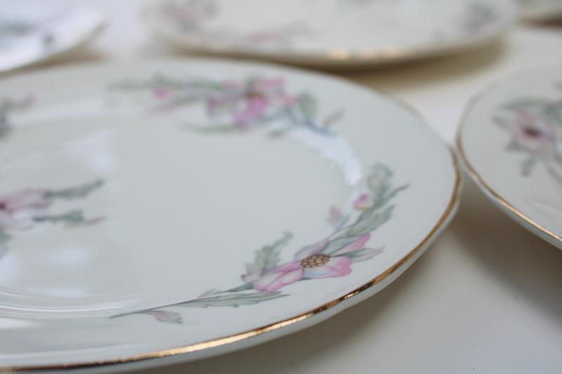 photo of 40s 50s vintage Crown Potteries plates, pink grey floral southern charm magnolias or dogwood #4