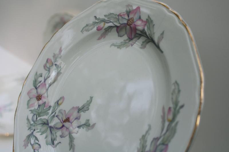 photo of 40s 50s vintage Crown Potteries plates, pink grey floral southern charm magnolias or dogwood #5