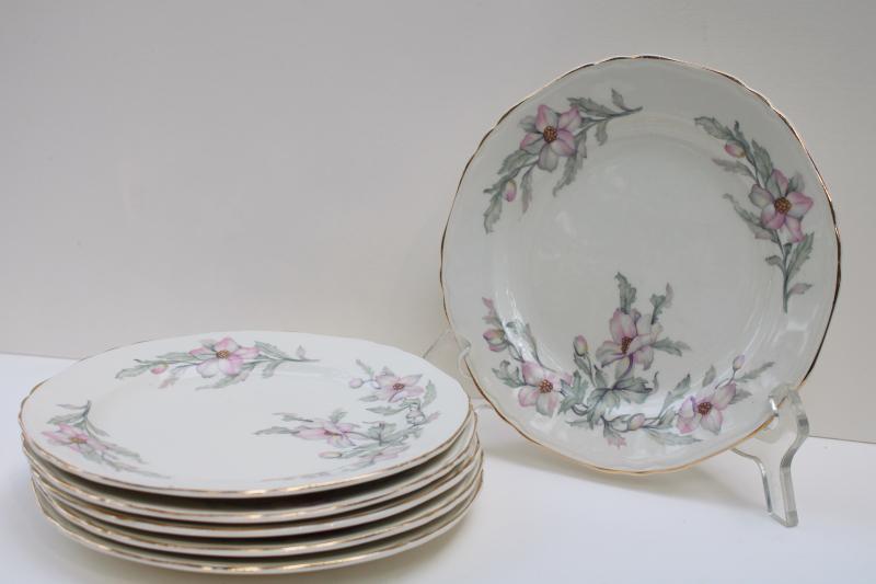 photo of 40s 50s vintage Crown Potteries plates, pink grey floral southern charm magnolias or dogwood #7