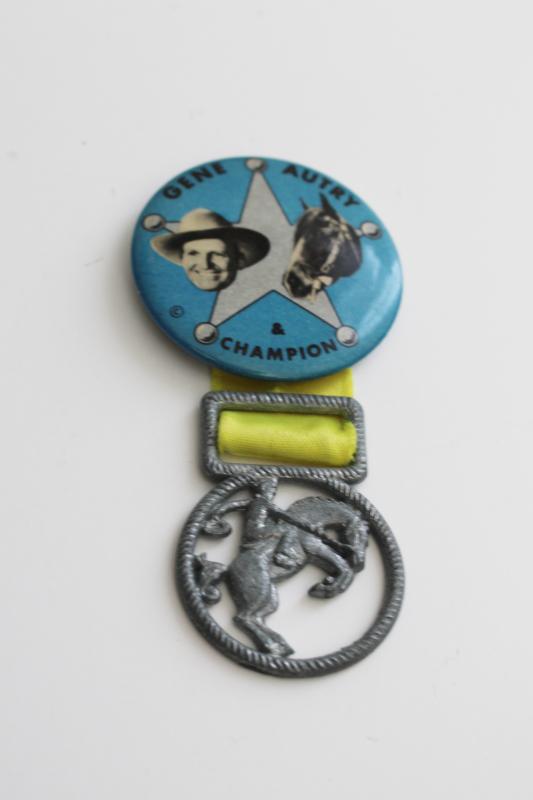 photo of 40s 50s vintage Gene Autry & horse Champion pin back button w/ cast metal medal #1