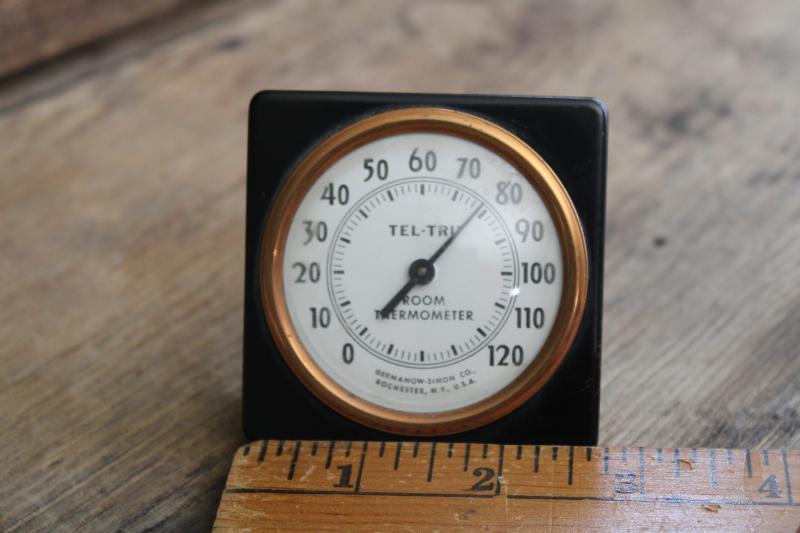 photo of 40s 50s vintage Tel-Tru room thermometer, metal stand temperature gauge steampunk style #4