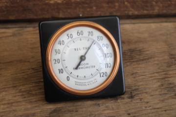 catalog photo of 40s 50s vintage Tel-Tru room thermometer, metal stand temperature gauge steampunk style