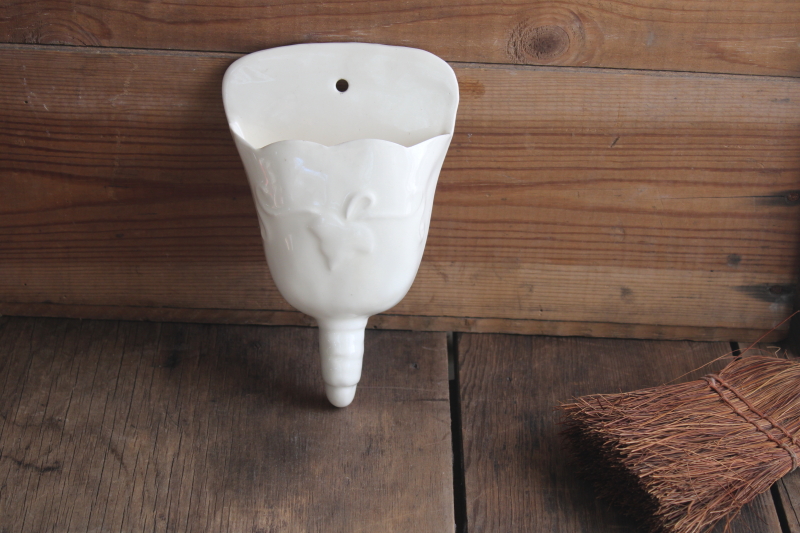 photo of 40s 50s vintage USA pottery wall pocket, whisk broom brush shape creamy white glaze #1