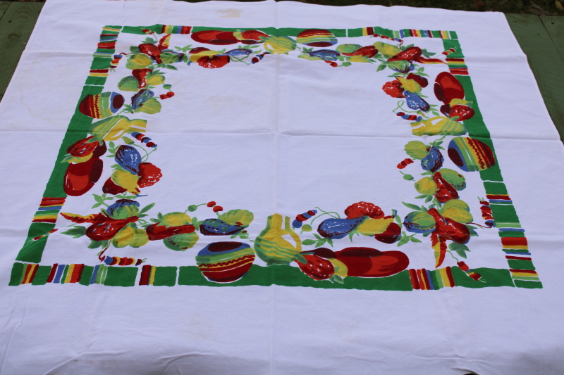 photo of 40s 50s vintage Wilendure cotton tablecloth, old Mexico pottery & Mexican blanket stripes print  #1