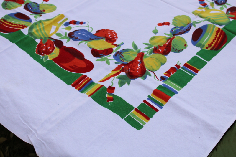 photo of 40s 50s vintage Wilendure cotton tablecloth, old Mexico pottery & Mexican blanket stripes print  #2