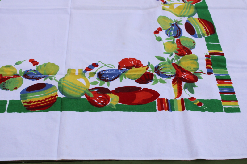 photo of 40s 50s vintage Wilendure cotton tablecloth, old Mexico pottery & Mexican blanket stripes print  #3