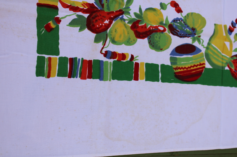 photo of 40s 50s vintage Wilendure cotton tablecloth, old Mexico pottery & Mexican blanket stripes print  #5