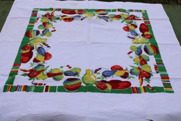 40s 50s vintage Wilendure cotton tablecloth, old Mexico pottery & Mexican blanket stripes print 