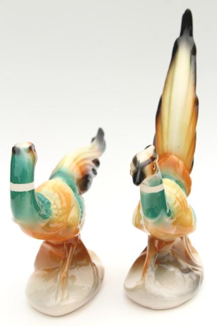 photo of 40s 50s vintage ceramic pheasant birds, pair large figurines, mid-century modern decor #6