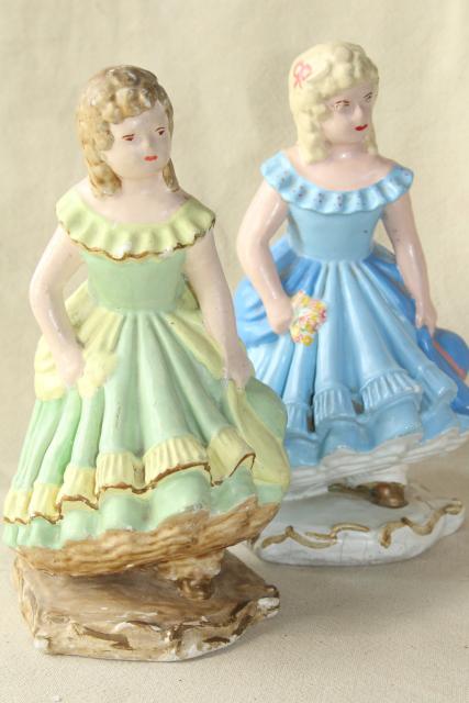 photo of 40s 50s vintage chalkware figures / doorstops, girls w/ ringlet curls in green & blue dresses #1