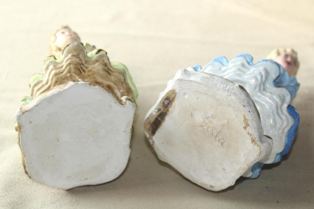 photo of 40s 50s vintage chalkware figures / doorstops, girls w/ ringlet curls in green & blue dresses #2