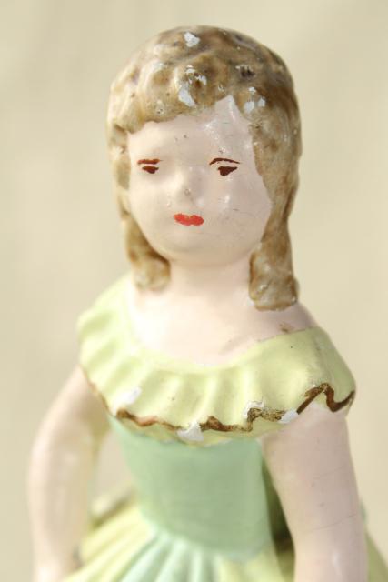 photo of 40s 50s vintage chalkware figures / doorstops, girls w/ ringlet curls in green & blue dresses #3