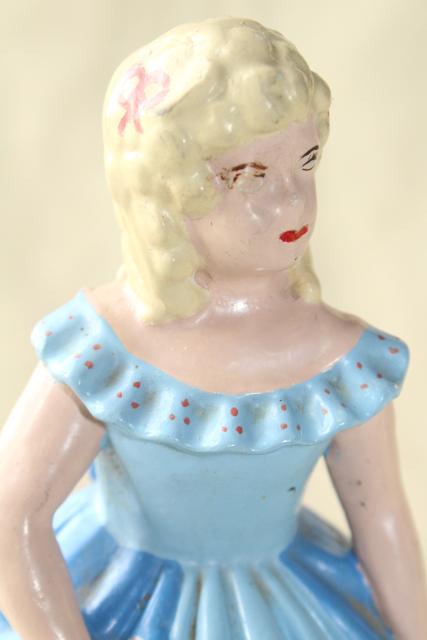 photo of 40s 50s vintage chalkware figures / doorstops, girls w/ ringlet curls in green & blue dresses #4
