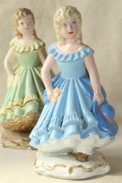 photo of 40s 50s vintage chalkware figures / doorstops, girls w/ ringlet curls in green & blue dresses #5